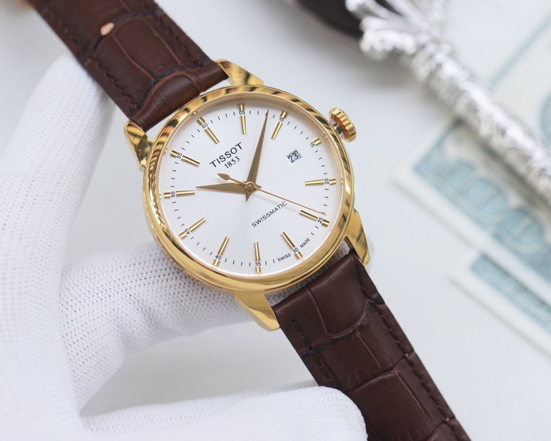 Tissot Gold Brown White Dial Strap Watch — hero