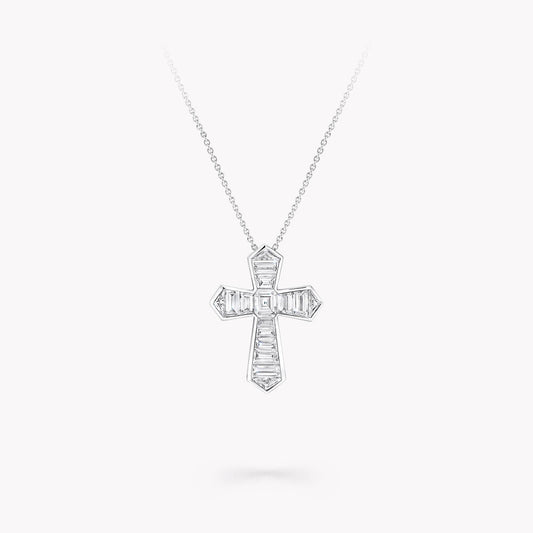 Graff Baguette Cut Silver Cubic Zirconia Cross Necklace