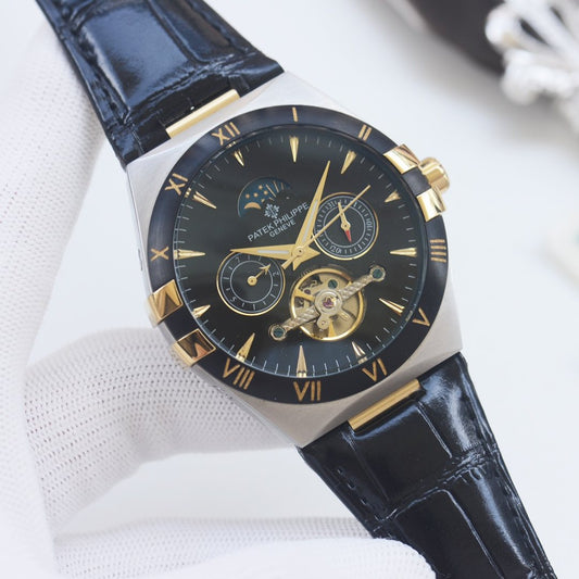 Patek Philippe Blue Gold Black Dial Leather Strap Watch — hero