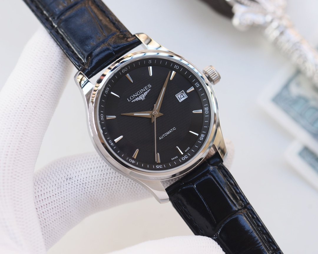 Longines Silver Blue Black Dial Leather Strap Watch — hero