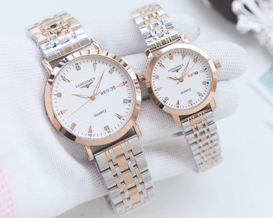 Longines Two Tone Silver White Dial Couple Watch Set — hero