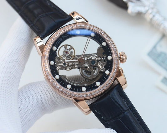 Patek Philippe Rose Gold Black Leather Strap Watch — hero