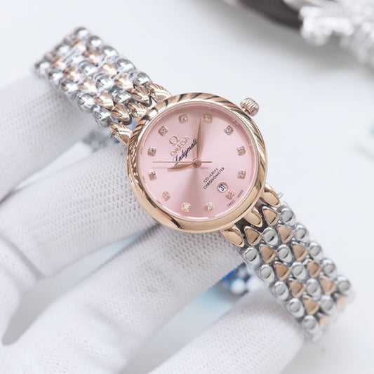Omega Two Tone Rose Gold Pink Dial Bracelet Watch — hero