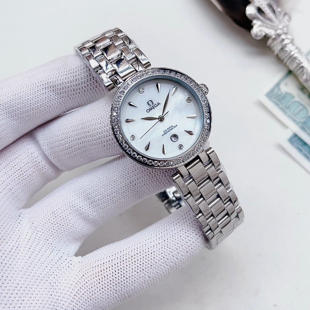 Omega White Dial Crystal Bezel Watch — hero