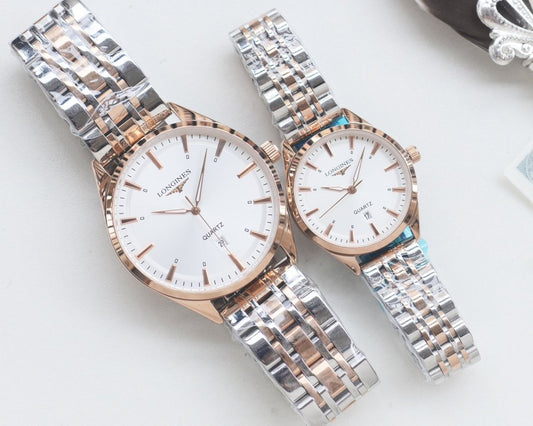 Longines Silver Rose Gold White Dial Couple Watch Set — hero
