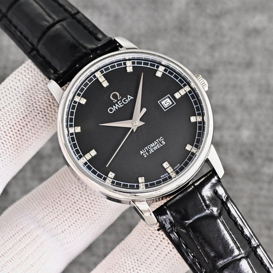 Omega Silver Black Dial Strap Watch — hero