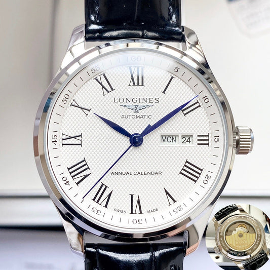 Longines White Dial Leather Strap Watch — hero