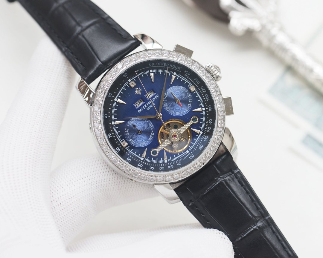 Patek Philippe Silver Black Blue Dial Strap Watch — hero