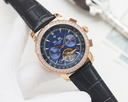 Patek Philippe Rose Gold Black Blue Dial Strap Watch — hero