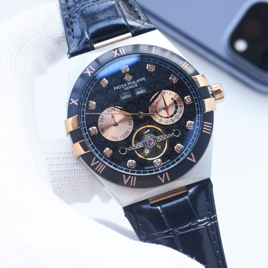 Patek Philippe Two Tone Black Dial Leather Strap Watch — hero