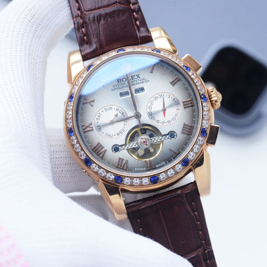 Rolex Rose Gold Brown White Dial Strap Watch — hero