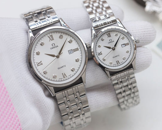 Omega Rose Gold Silver White Dial Bracelet Couple Watch Set — hero