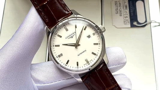 Longines White Dial Brown Leather Watch — hero