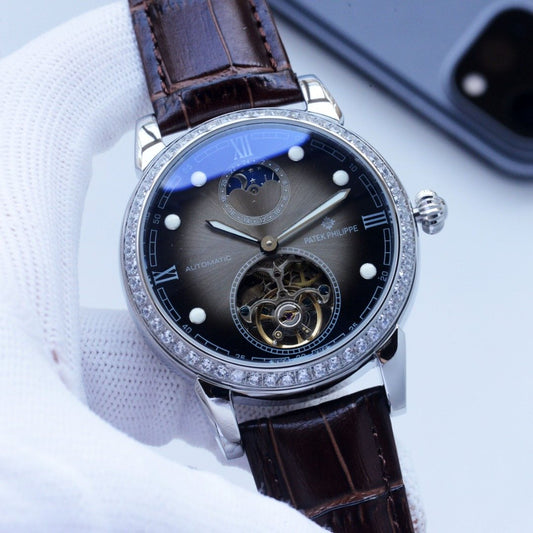 Patek Philippe Silver Brown Blue Dial Leather Strap Watch — hero