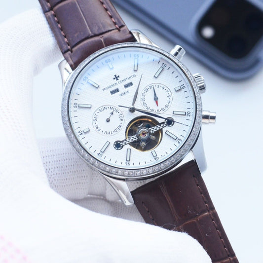 Vacheron Constantin Brown Silver White Dial Strap Watch — hero