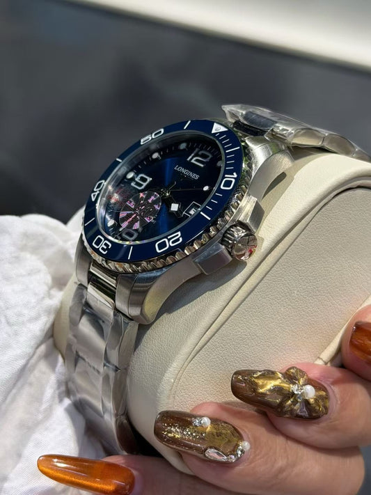 Longines Blue Bezel Link Bracelet Watch — hero