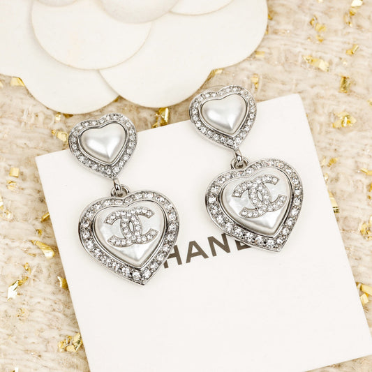 Chanel Double Heart Diamonds Silver Earrings